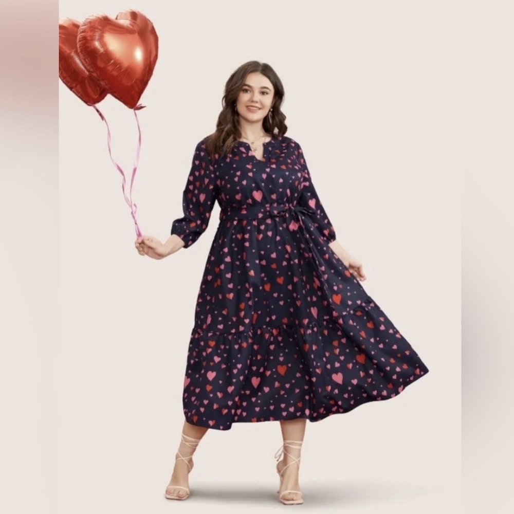 BloomChic Navy Midi Dress with Pink Heart Print